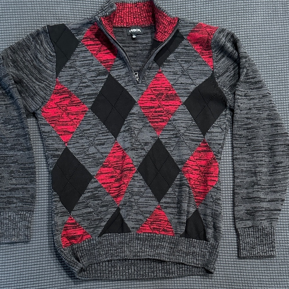 Carbon Men's Zip Up Sweater - Red and Gray Argyle